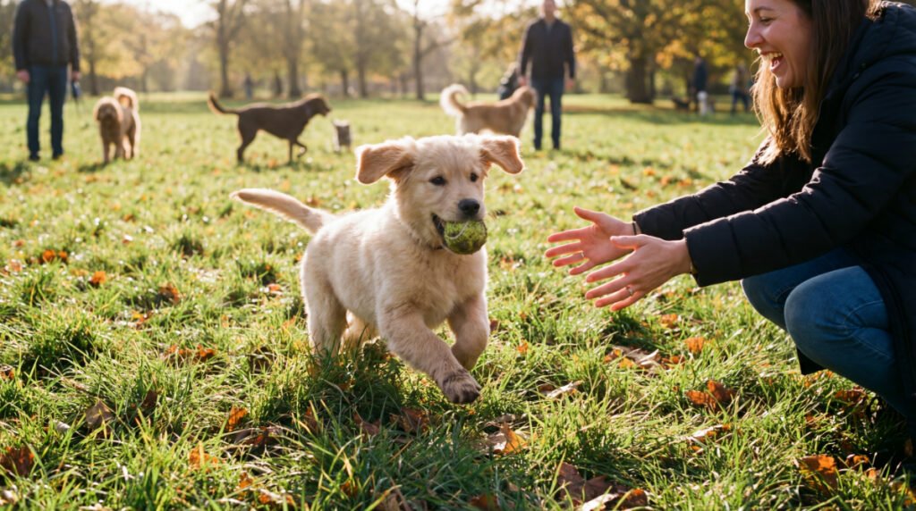 Owner playing with a puppy in backyard during fetch game - how to play with a puppy