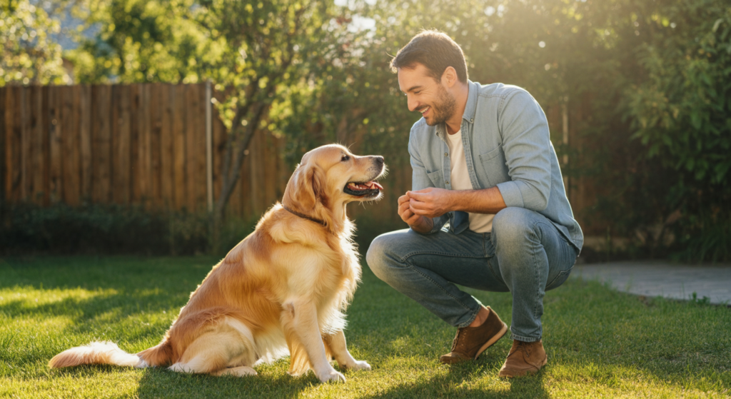 dog owner rewarding a happy dog during positive reinforcement training