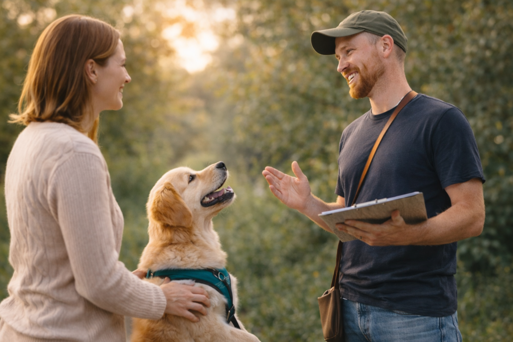 dog owner training golden retriever at home with an online dog training course